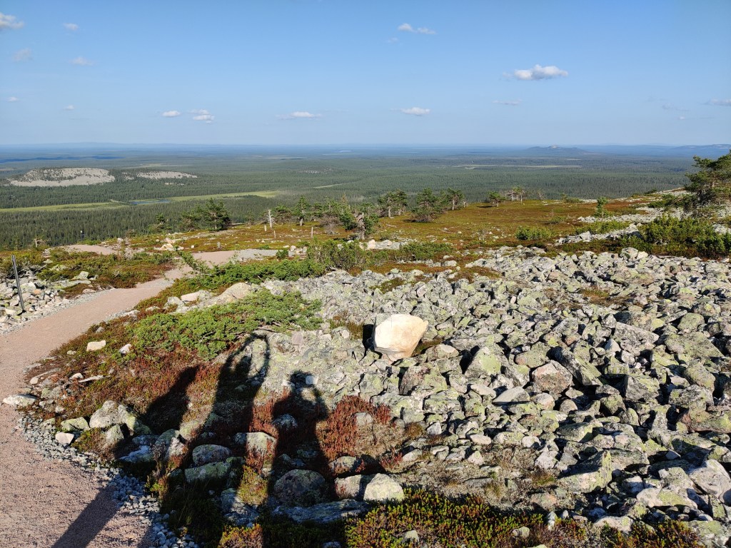 Kuva karusta ja kivikkoisesta maastosta, jossa hiekoitettu polku vie eteenpäin. Kaukana metsää. Kuvaajan ja kahden katsojan varjot heijastuvat maahan.