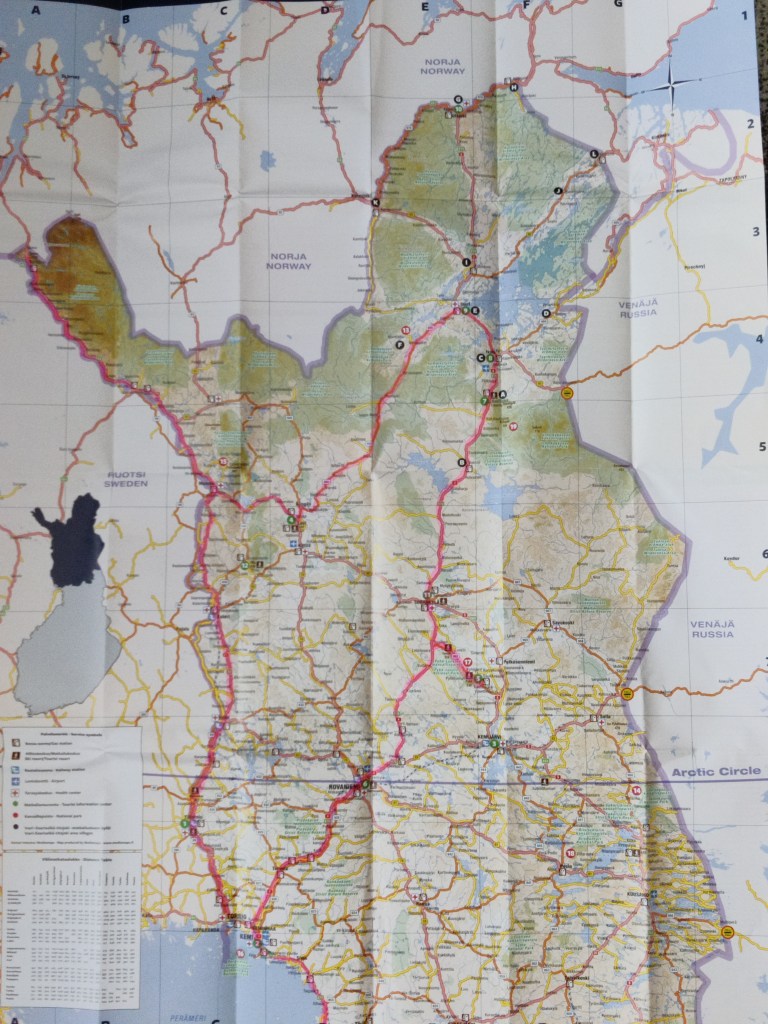 Kuva Lapin kartasta, johon on piirretty punaisella ajettu reitti.