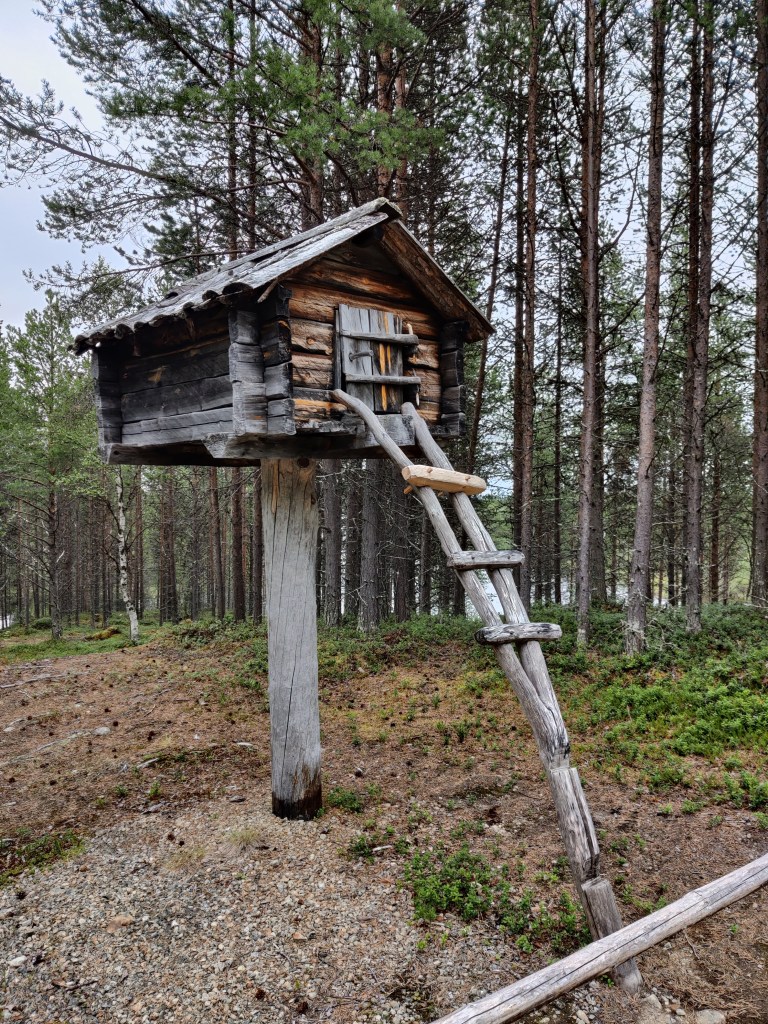 Kuva nilistä, joka on puisen jalan varassa seisova pikkuinen talo: harjakatto ja suljettava ovi. Ovelle vie puusta tehdyt tikkaat.