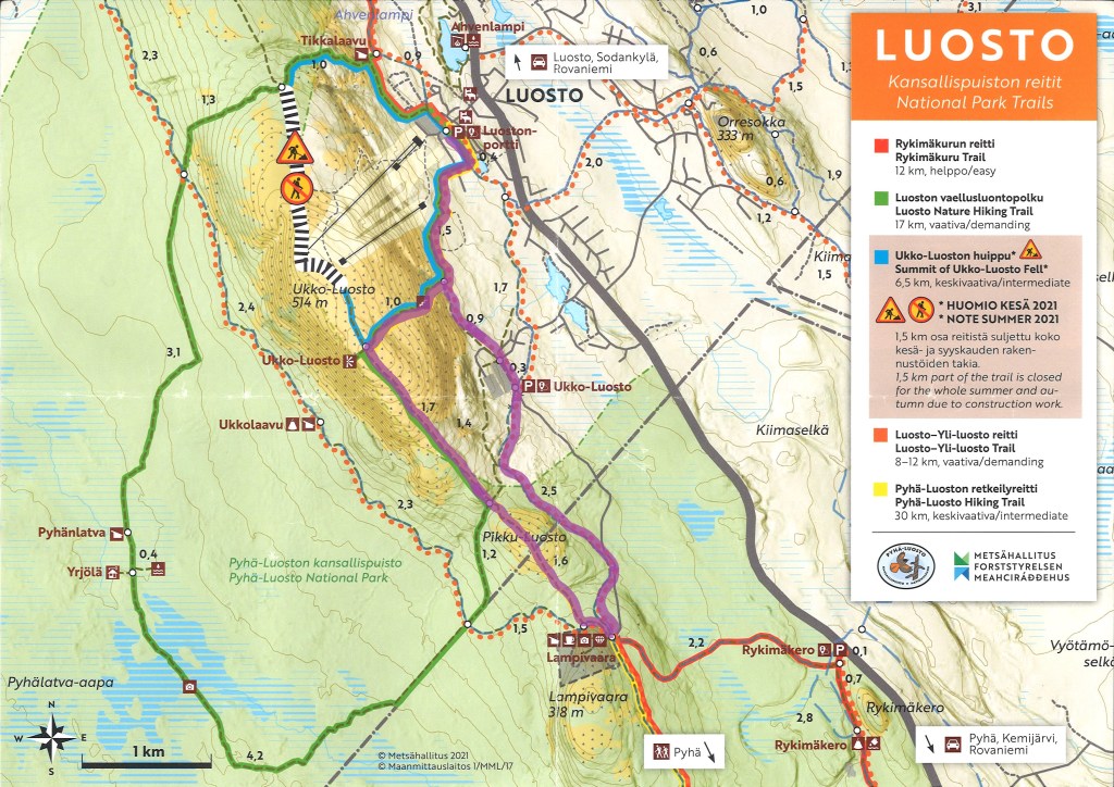Kuva Luoston kansallispuiston reittikartasta.