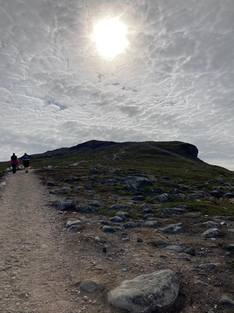 Kuva Saanan rinteestä, jonne vie hiekkapolku, jota pitkin Katja ja Tupu kävelevät edellä. Rinne on kivikkoinen ja sammalinen. Huipun yllä pilviverkosto, jonka läpi aurinko näyttää paistavan kuin ison reiän keskeltä.