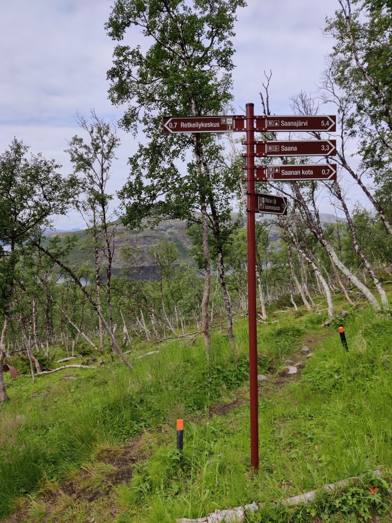 Kuva kyltistä, joka osoittaa viiteen eri suuntaan: Retkeilykeskukseen, Saanajärvelle, Saanalle, Saanan kodalle ja Mallan luonnonpuistoon. Taustalla kapea polku keskellä ruohikkoa. Koivujen läpi näkyy järvi ja sen toisella puolella oleva tunturi.