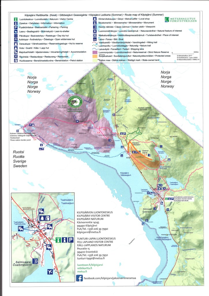Kuva Kilpisjärven vaellusreiteistä. Saanalle vievä polku korostettuna oranssilla värillä.