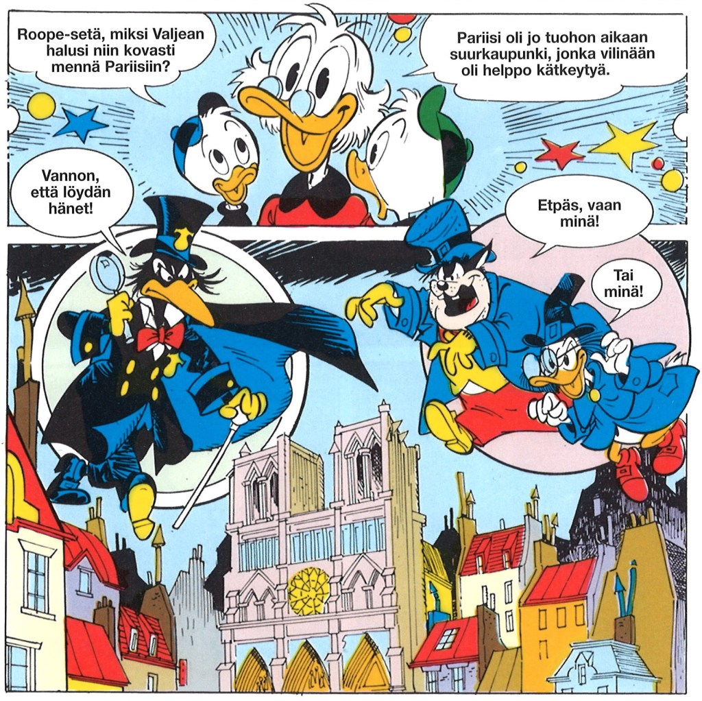 Sivu Aku Ankan taskukirjasta, jossa on kuvattuna Roope, ankanpojat ja kolme Kurjien hahmoa. Alla piirros Notre Damesta.