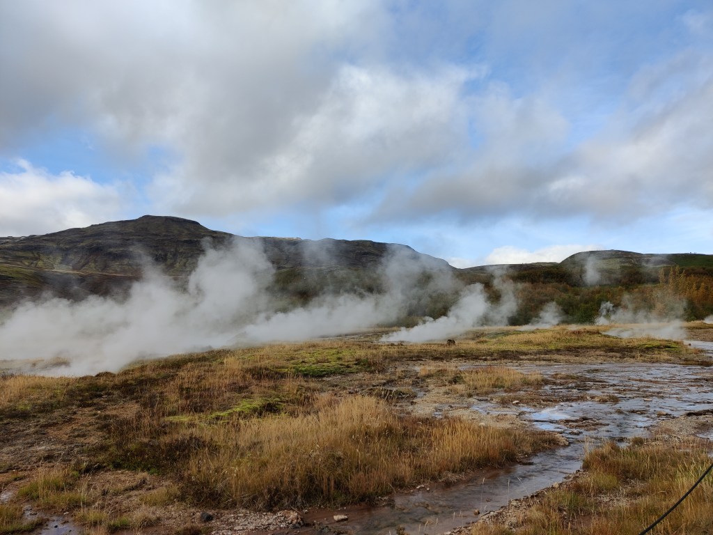 Kuvassa kosteaa maatoa, kellertävää nurmikkoa ja sammalikkoa, joka näyttää höyryävän. Taustalla paljaita vuorenrinteitä. Taivas on pilvinen.