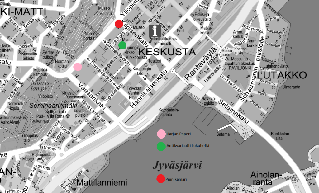 Kartta Jyväskylän keskustasta. Siihen on merkitty Harjun Ppaerin, Antikvariaatti Lukuhetken sekä Pienikamarin sijainnit värikkäillä palloilla.