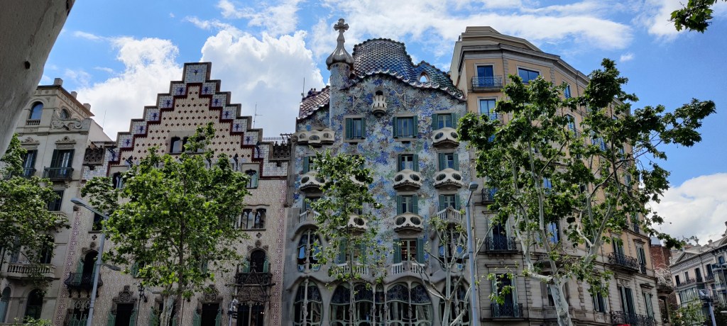 Laajakuva useammasta, vierekkäin seisovasta kerrostalosta. Casa Batllon julkisivu on kukkaismaisen kirjava väriloistossaan. Siinä on useita parvekkeita, pieni, kapea torni ja toiseksi alin kerros näyttää luolamaiselta muotoilunsa takia. 
Etualalla on vihreitä puita, jotka peittävät osin rakennukset.