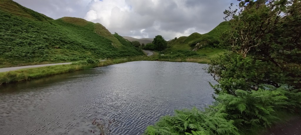 Kuvassa pieni lampi, jonka vasemmalla puolella menee kapea tie. Sen tien ja lammen kummalakin puolella on vihreitä, pieniä kukkuloita. Etualalla on saniaisia ja puita.