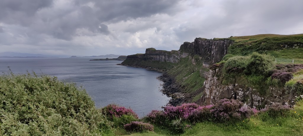 Kuva kallioisesta rannikosta, joka kohoaa korkealle. Huipun päällä on pensaita ja paljon kanertvia. Meri on sinertävän harmaa, taivas pilvinen.