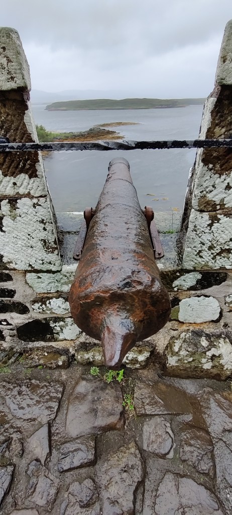 Linnanmuurin aukosta merelle työntyvä tykki.