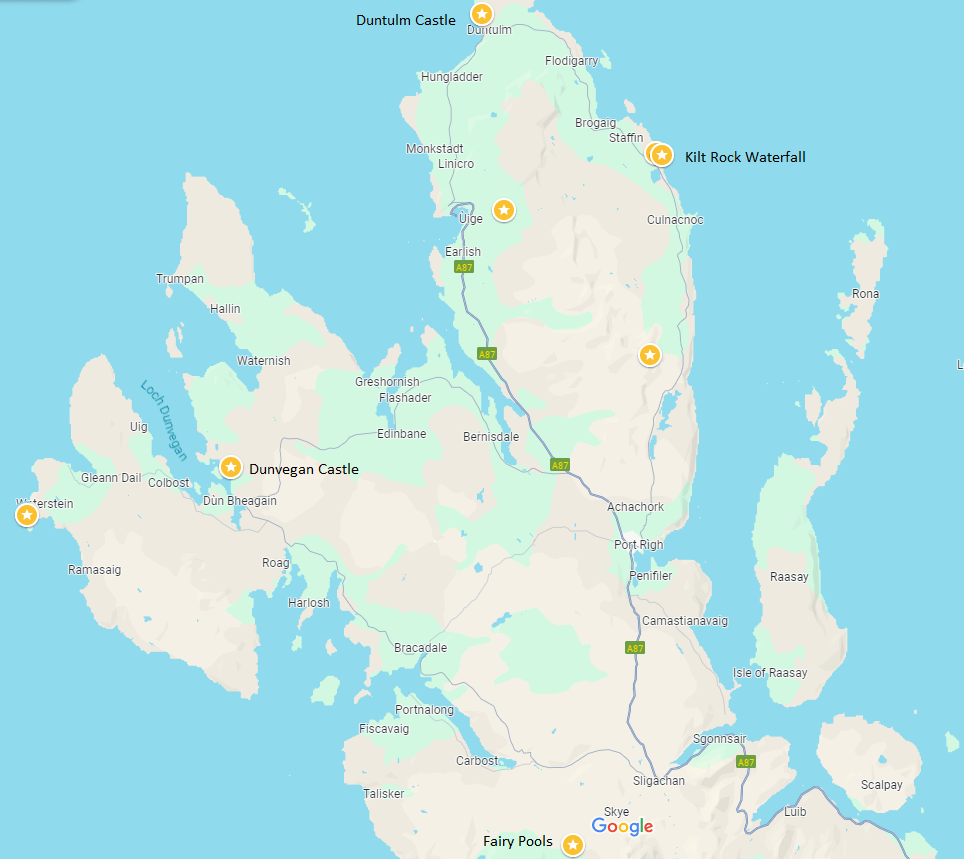 Isle of Skyen kartta, johon on merkitty näkyviin Kilt Rock Waterfall, Duntulm Castle, Dunvegan Castle ja Fairy Pools.