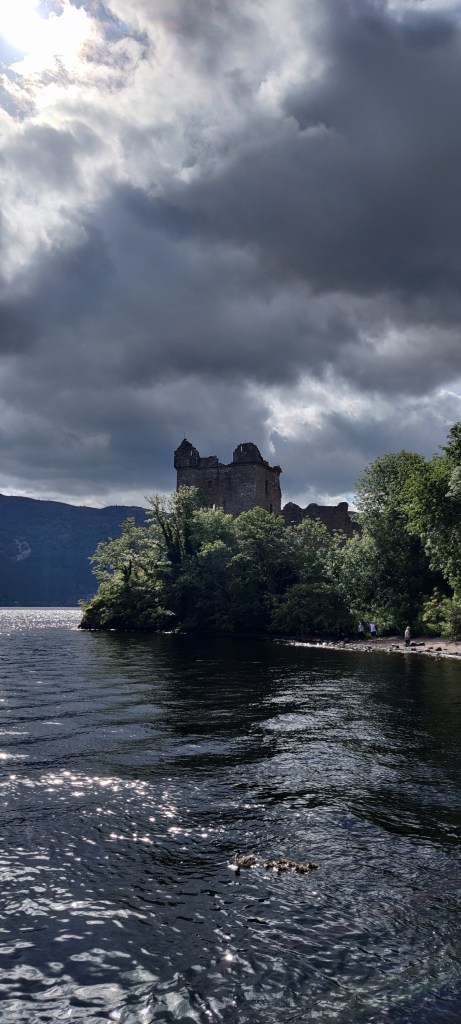 Järveltä otettu kuva rannasta, jossa erottuu korkea linnantorni. Puiden ja pensaiden keskeltä. Kuvan etualalla vedessä ui sorsaperhe poikasineen. 