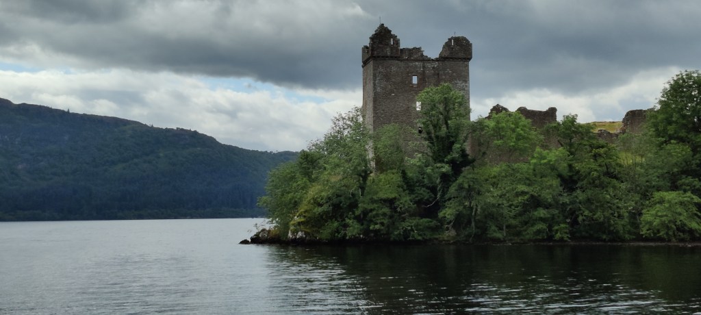 Järveltä otettu kuva rannasta, jossa erottuu korkea linnantorni puiden ja pensaiden keskeltä. Taustalla hieman raunioituneita muureja.
Järven vastaranta erottuu tummana, kumpuilevana. Pilvet ovat harmaita.