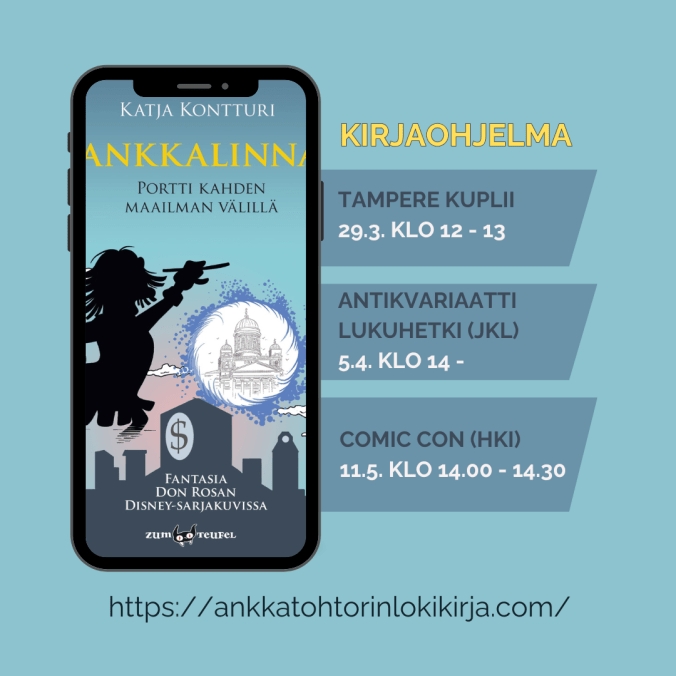 Älypuhelin, jossa Don Rosa -kirjan kansikuva täyttää koko kentän. Puhelimen vieressä on lista tapahtumista ja ajankohdista, jolloin Katja on puhumassa kirjastaan.