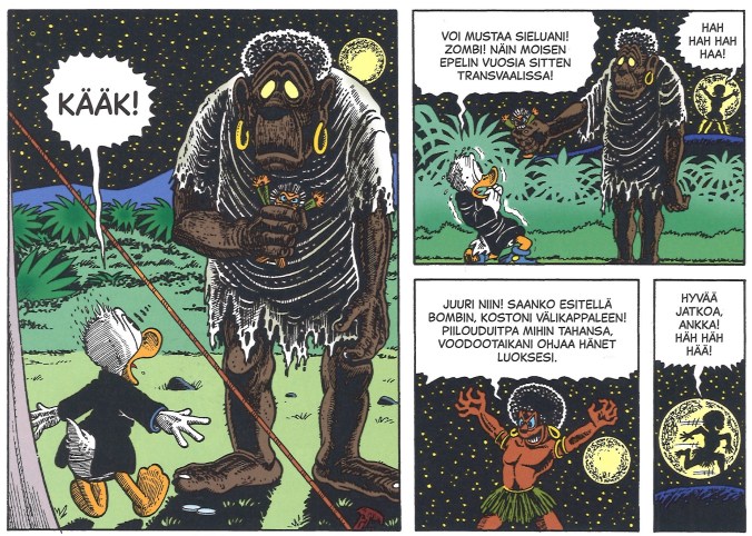 Neljä ruutua Don Rosan The Richest Duck in the World -sarjakuvasta, jossa Roope kohtaa Bombi-zombin ensimmäisen kerran. Ensimmäinen kuva on iso, siinä pupilliton, jättimäinen zombi tuijottaa Roopea voodoonukke kädessään. Roopen höyhenet ovat pystyssä ja suusta kuuluu parkaisu KÄÄK!
Seuraavassa ruudussa Roope tärisee: "Voi mustaa sieluani! Zombi! Näin moisen epelin vuosia sitten Transvaalissa!"
Zombi ojentaa Roopelle voodoonukkea, taustalla kuuta vasten näkyy noitatohtori Foola Zoolan silhuetti. Tämä nauraa.
Kolmannessa ruudussa hän katsoo tuimana Roopeen kädet kohotettuina ja sanoo:
"Juuri niin" Saanko esitellä Bombin, kostoni välikappaleen! Piilouduitpa mihin tahansa, voodootaikani ohjaa hänet luoksesi."
Neljänness ruudussa Zoola pakenee juosten ja nauraen toivottaa Roopelle hyvää jatkoa.