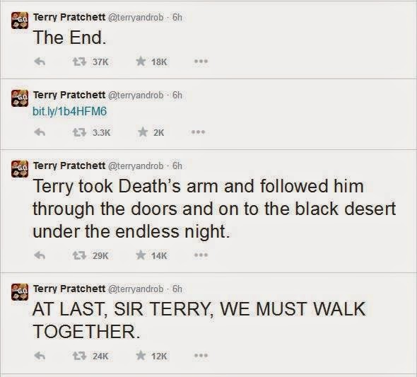 Kuvakaappaus Terry Pratchetin Twitter-tilistä. Tekstit menevät näin:
The End.
Terry took Death's arm and followed him through the doors and to the black desert under the endless night.
AT LAST, SIR TERRY, WE MUST WALK TOGETHER.
