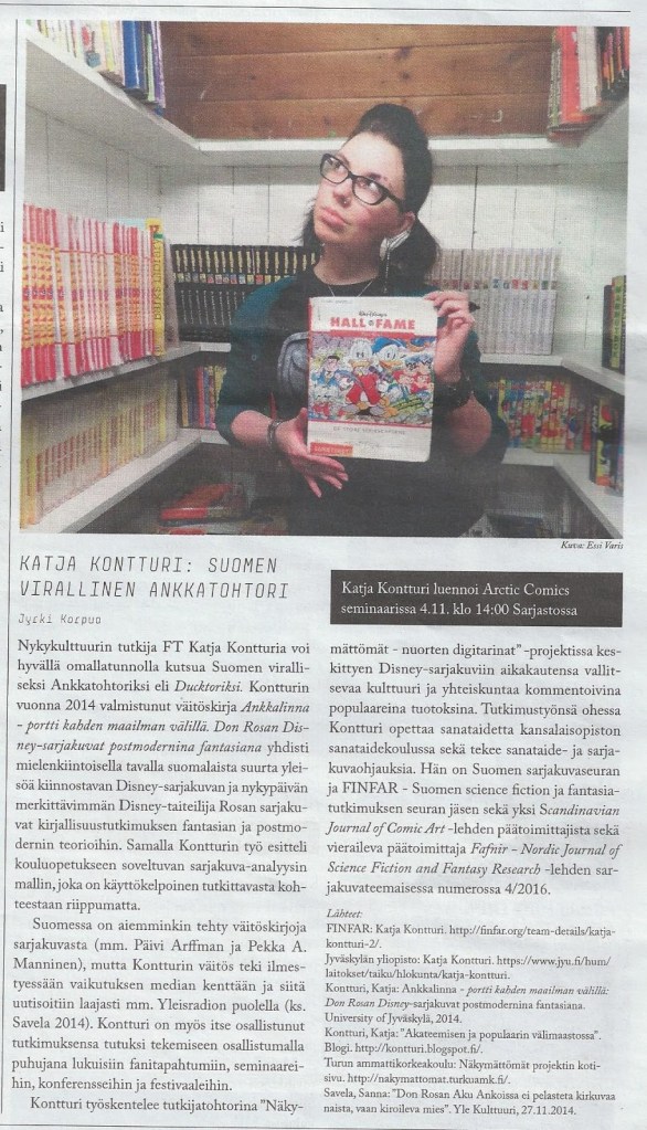 Kuva Katjasta pitelemässä Rosan sarjakuvakirjaa ja tutkijaa esittelevä lehtijuttu