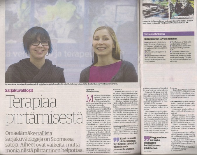 Keskisuomalaisen lehtijuttu otsikolla Terapiaa piirtämisestä. Haastattelussa Katja Kontturi ja Viivi Rintanen