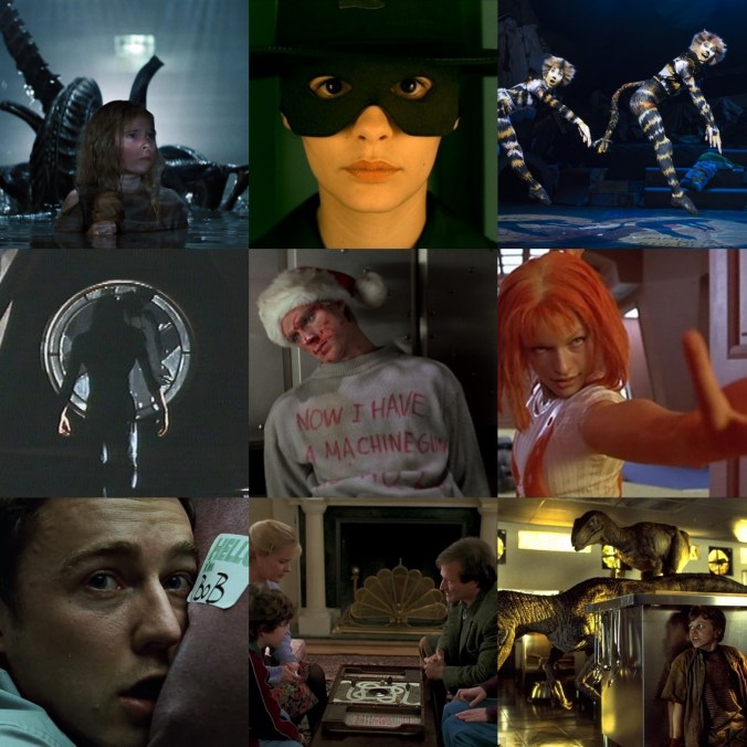 Kuvakollaasi yhdeksästä elokuvasta: Aliens, Amélie, Cats, The Crow, Die Hard, Fifth Element, Fight Club, Jumanji, Jurassic Park.