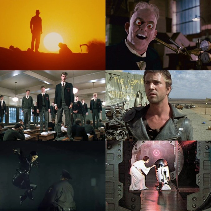 Kuvakollaasi kuudesta elokuvasta: Kadonneen aarteen metsästäjät, Kuka viritti ansan, Roger Rabbit, Kuolleiden runoilijoiden seura, Mad Max 2, Matrix, Star Wars: New Hope