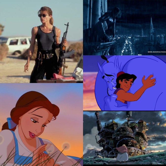 Viiden elokuvan kuvakollaasi: Terminator 2, Underworld, Aladdin, Kaunotar ja hirviö, Liikkuva linna.